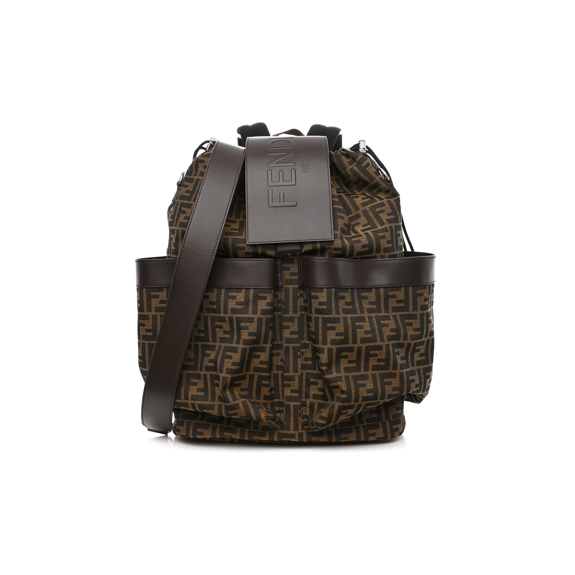 FENDI RECYCLED FABRIC JACQUARD VITELLO ASTRO FF 1974 LARGE FENDI STRIKE BACKPACK TOBACCO MORO EBANO (46*34*15cm)