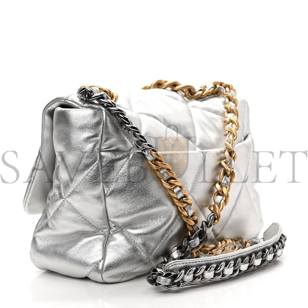 CHANEL METALLIC GOATSKIN QUILTED LARGE CHANEL 19 FLAP SILVER GOLD HARDWARE (30*21*9cm)