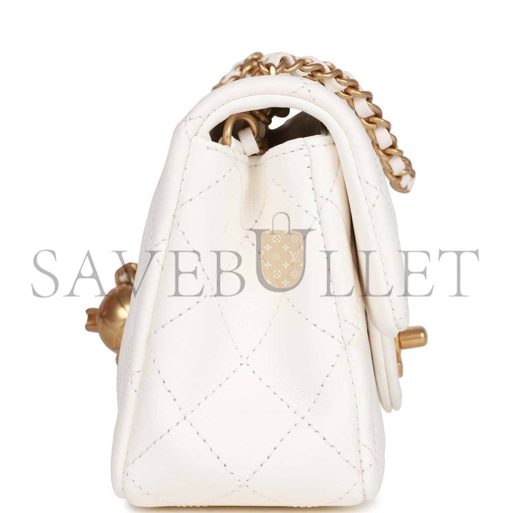 CHANEL PEARL CRUSH MINI RECTANGULAR FLAP BAG WHITE LAMBSKIN ANTIQUE GOLD HARDWARE (20*13*6cm)