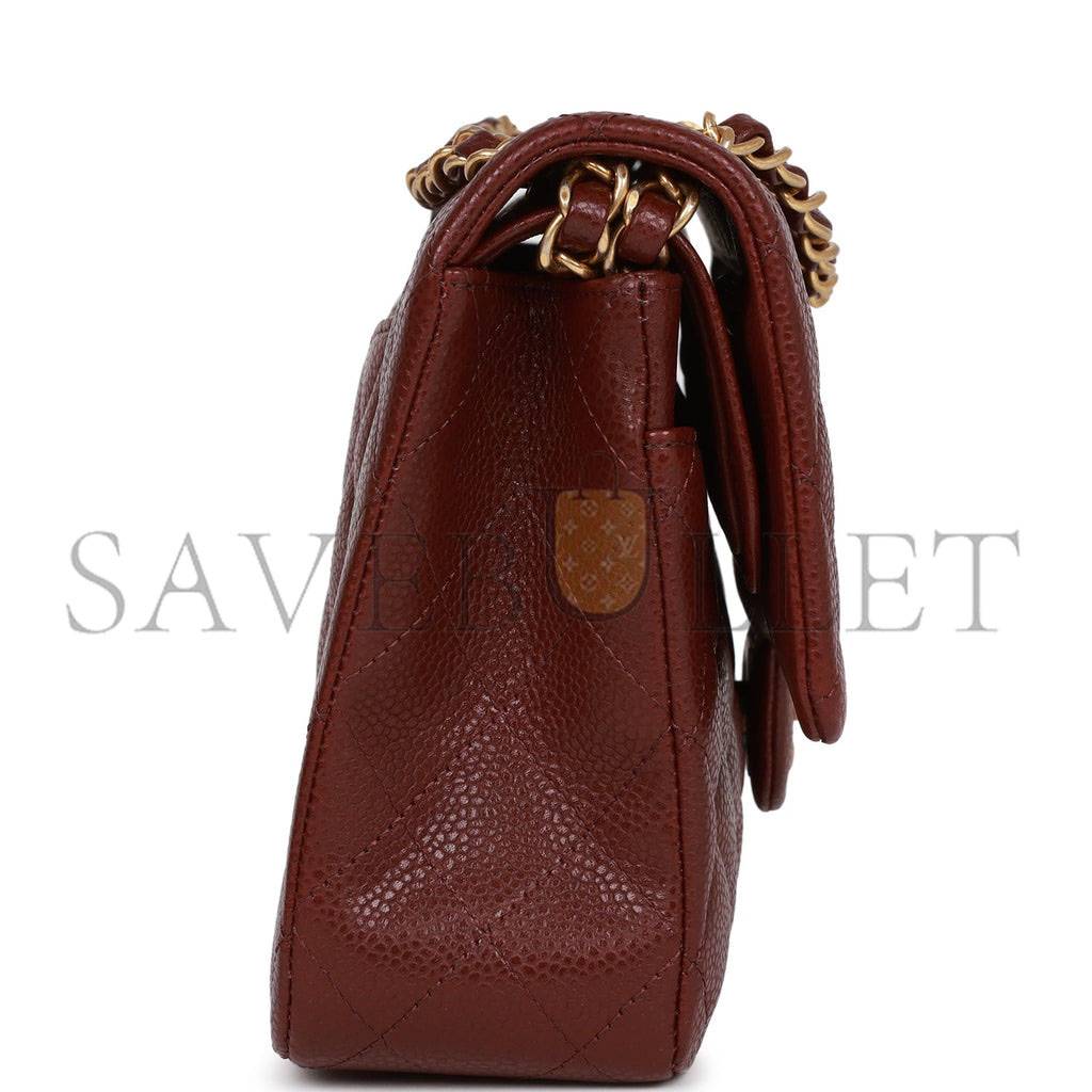 CHANEL MEDIUM CLASSIC DOUBLE FLAP BAG BURGUNDY CAVIAR ANTIQUE GOLD HARDWARE (25*15*7cm)