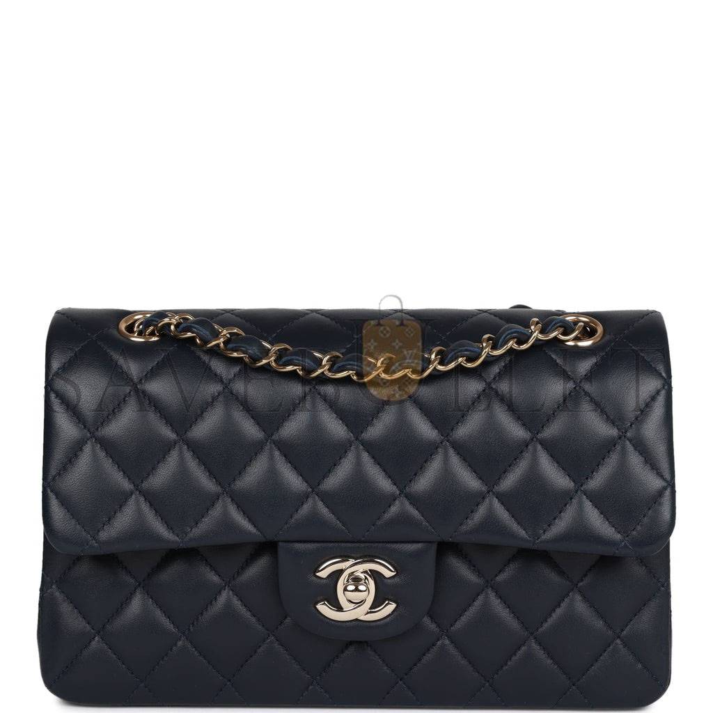 CHANEL SMALL CLASSIC DOUBLE FLAP NAVY LAMBSKIN LIGHT GOLD HARDWARE (23*13*6cm)