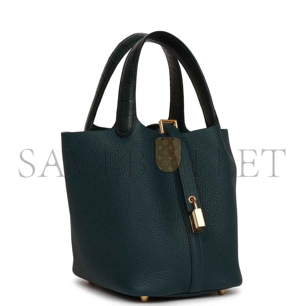 HERMES PICOTIN LOCK 18 VERT CYPRESS MATTE ALLIGATOR AND CLEMENCE TOUCH GOLD HARDWARE (18*13*18cm)