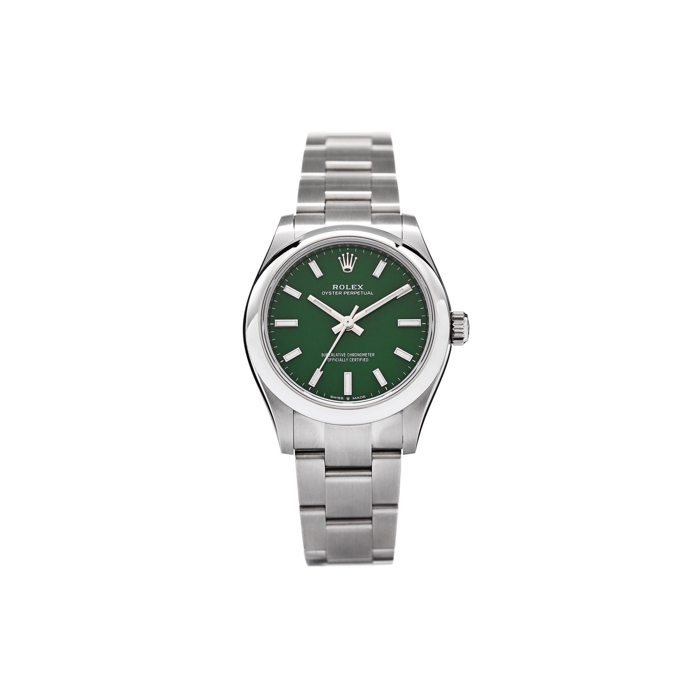 ROLEX STAINLESS STEEL 31MM OYSTER PERPETUAL WATCH GREEN 277200