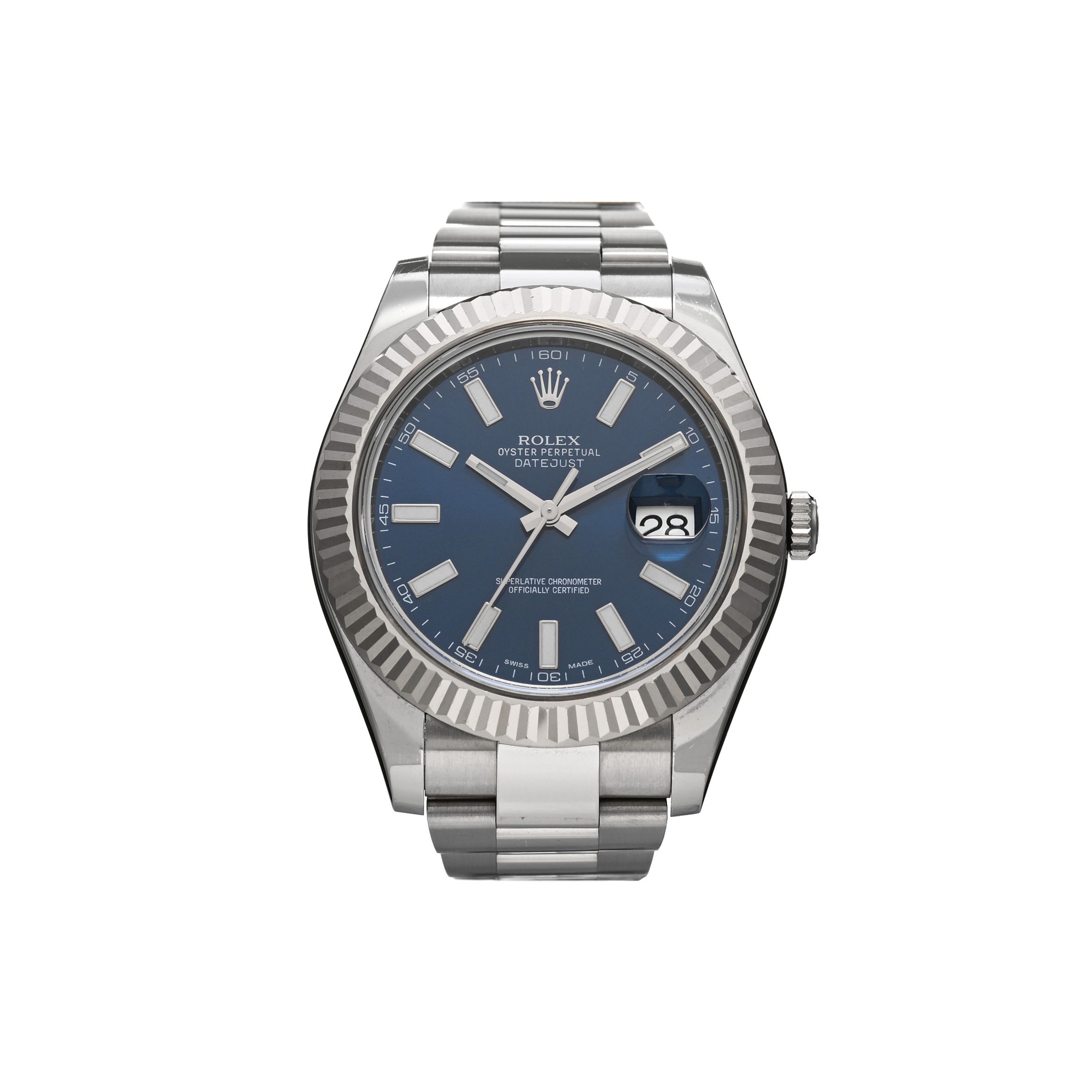 ROLEX STAINLESS STEEL 18K WHITE GOLD 41MM OYSTER PERPETUAL DATEJUST WATCH BLUE 116334