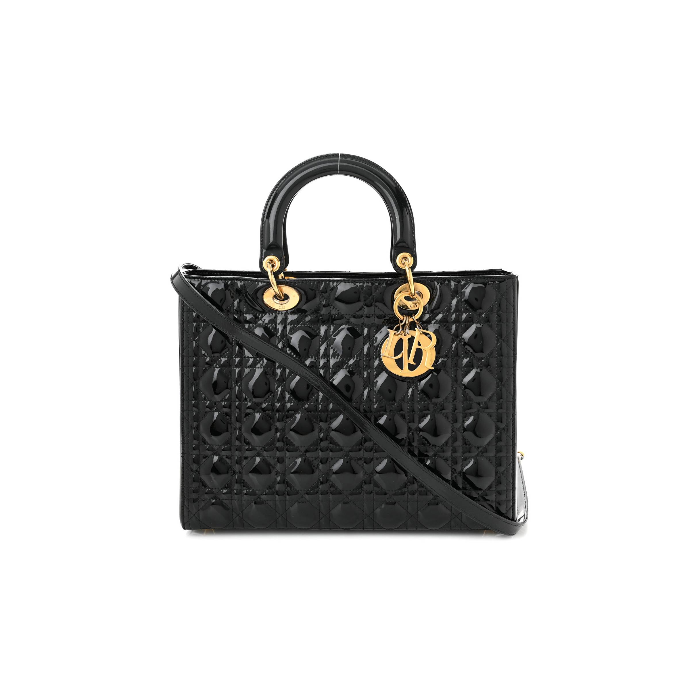 DIOR PATENT CANNAGE LARGE LADY DIOR BLACK (32*25*12.1cm) 