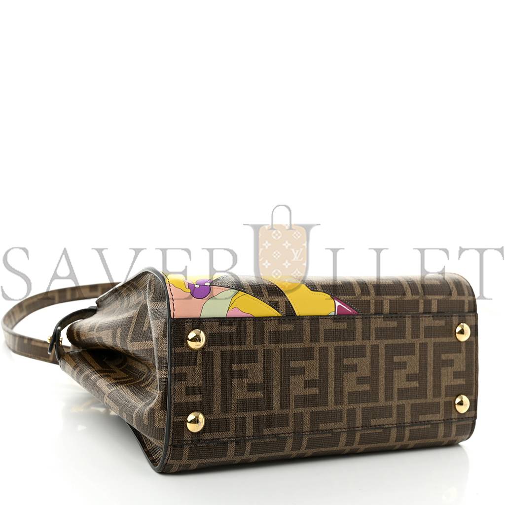 FENDI GLAZED FABRIC VITELLO FF 1974 HAIRDO GIRLS INLAY MINI PEEKABOO ICONIC SATCHEL MOGANO PANNA MULTICOLOR (23*18*13cm)