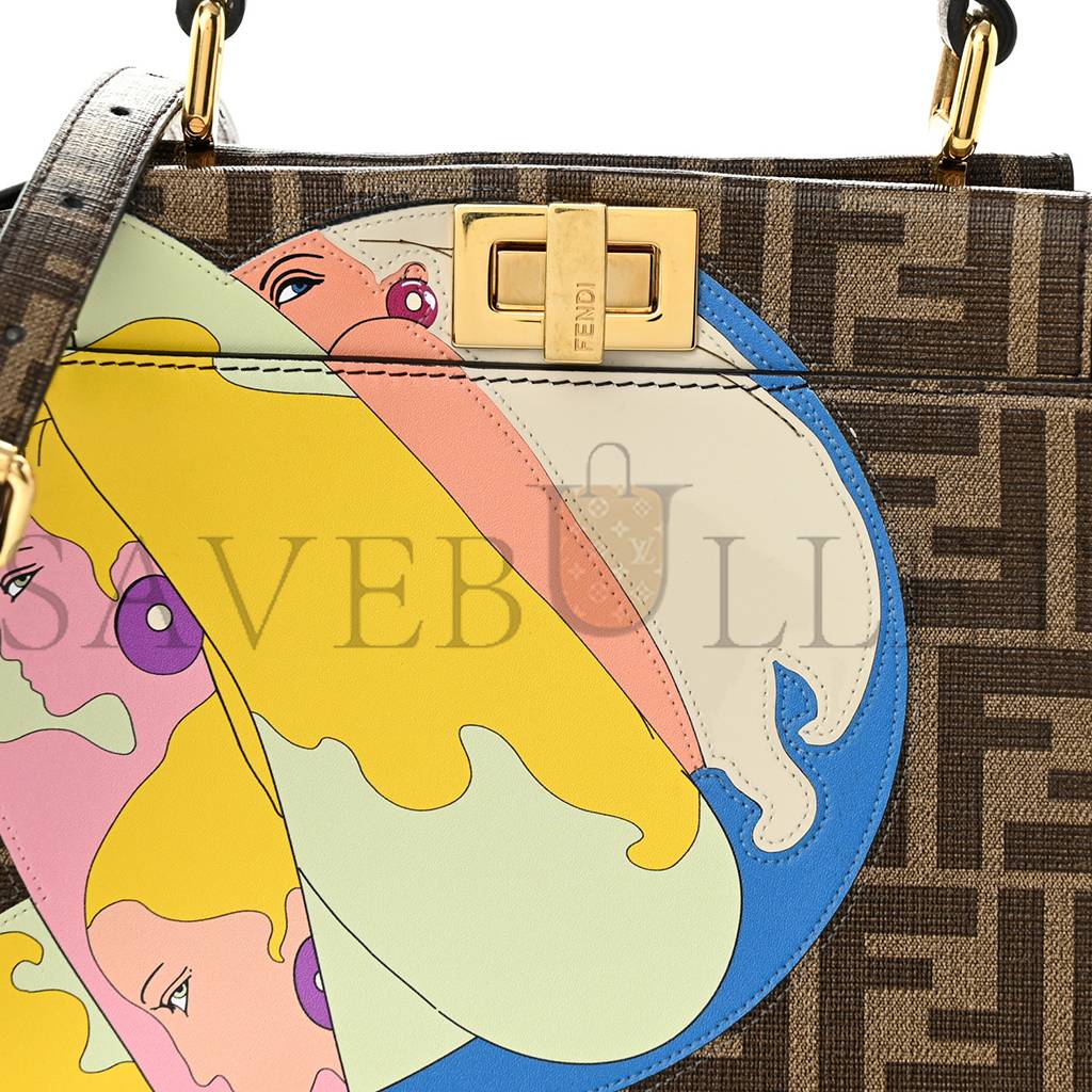 FENDI GLAZED FABRIC VITELLO FF 1974 HAIRDO GIRLS INLAY MINI PEEKABOO ICONIC SATCHEL MOGANO PANNA MULTICOLOR (23*18*13cm)