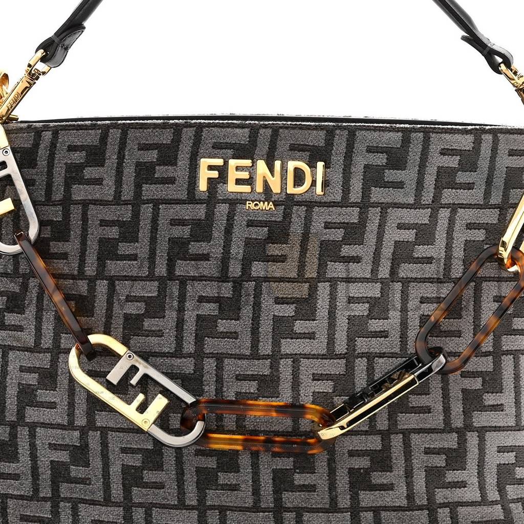 FENDI CHENILLE VITELLO SETA PLEXIGLASS FF FENDI O&#X27;LOCK ZIPPER ANTHRACITE ASFALTO (34*23*13cm)