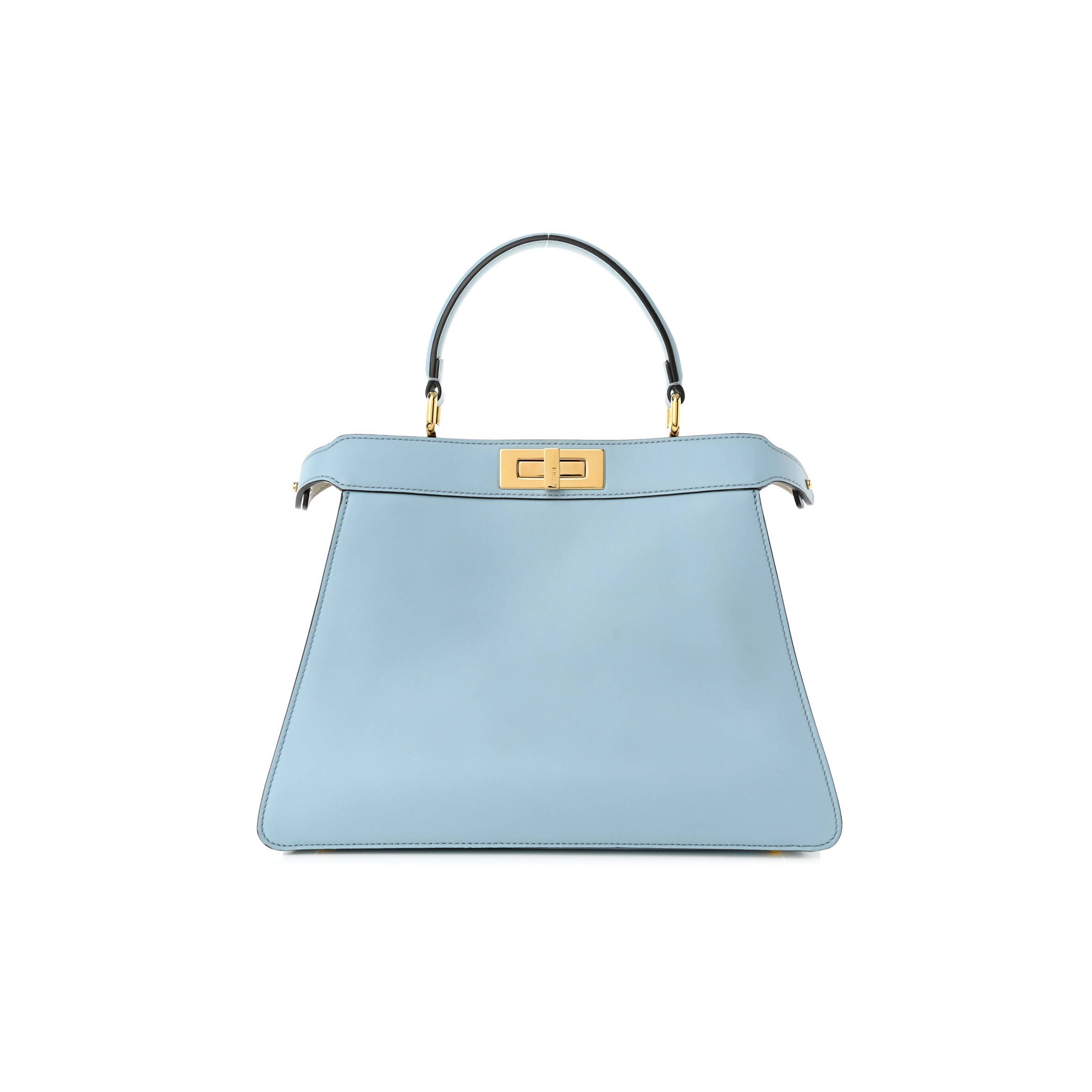 FENDI VITELLO SETA SHINY NAPPA MEDIUM PEEKABOO I SEE U SATCHEL AZZURRO BABY CAMELIA (33*24*13cm)